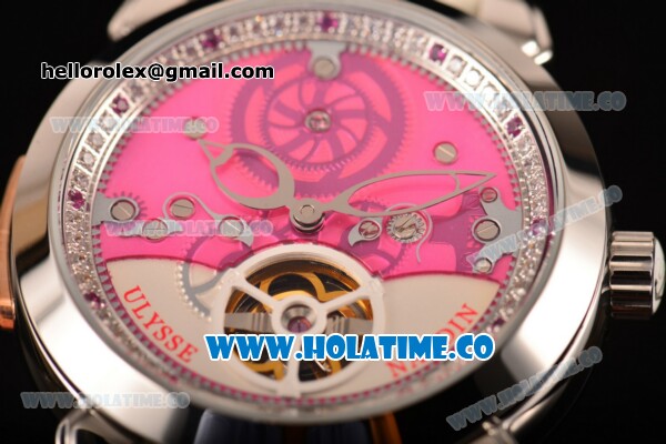 Ulysse Nardin Skeleton Tourbillon Manufacture Asia Automatic Steel Case with Pink/White Dial and White Leather Strap - Click Image to Close